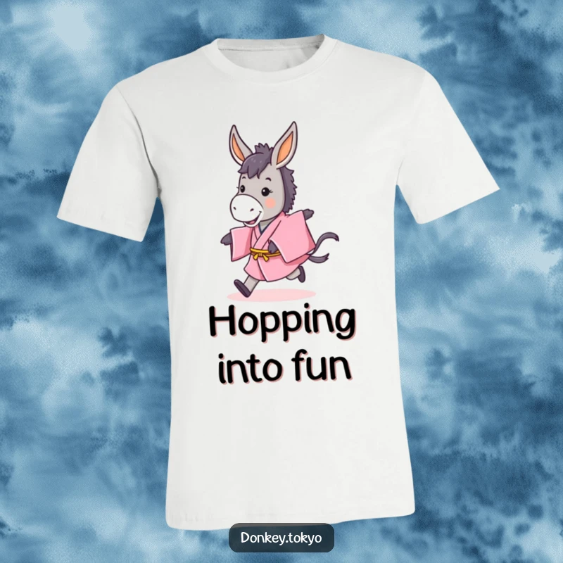Funny t-shirt showcasing a cute donkey in a pink kimono performing a spirited, playful hop, ideal for cheerful people.