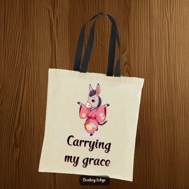 Funny tote bag showing a graceful donkey in a vibrant kimono, performing a pirouette, perfect for carrying dance accessories.
