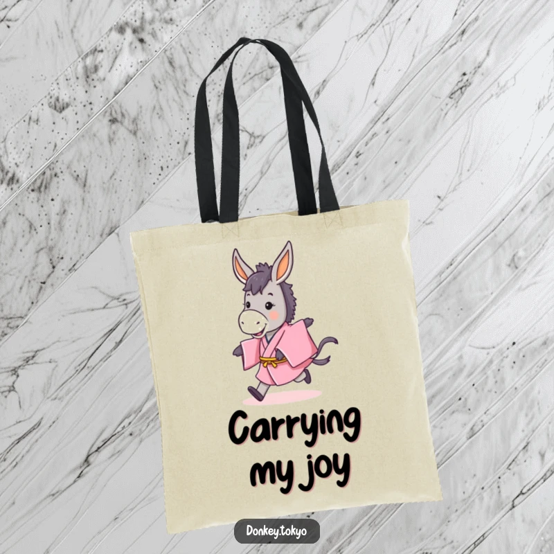 Funny tote bag with a cute donkey in a pink kimono doing a playful hop, perfect for carrying items with flair.
